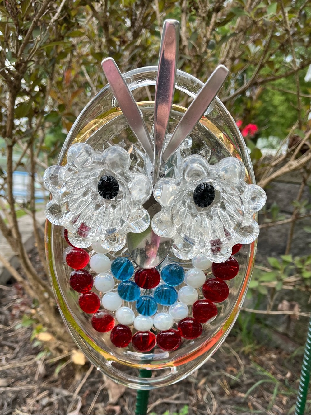Decorative Owl Garden Stake with Red, Blue, White Accents